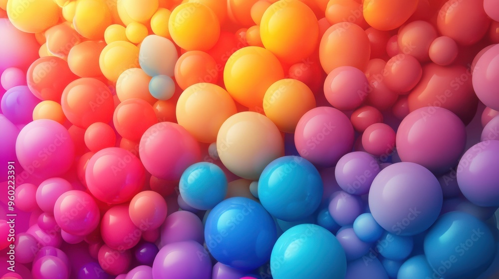 Vibrant 3D background featuring a cascade of rainbow colors and an array of colorful balloons, designed as a mockup or template for a festive birthday greeting card 