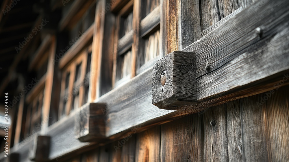 A close-up of the wooden structure of a gassho-zukuri house in Shirakawa-go, highlighting the craftsmanship. A close-up of the wooden structure of a gassho-zukuri house in Shirakawa-go, highlighting the craftsmanship.
