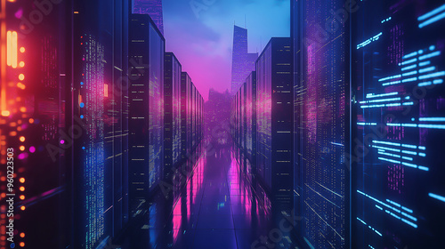 A futuristic technology hub with neon-lit skyscrapers and advanced data centers