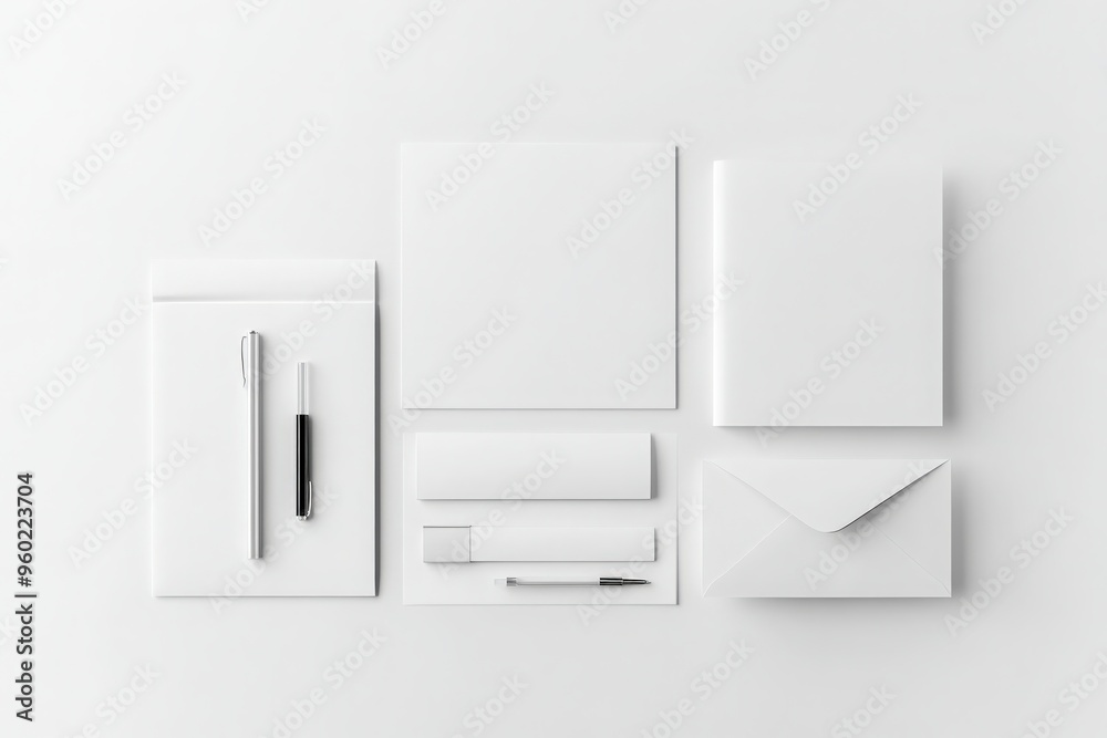 A sleek white branding stationery mockup featuring letterhead, flyer, poster, business card, and envelope, all isolated on a white background for design placement A sleek white branding stationery mockup featuring letterhead, flyer, poster, business card, and envelope, all isolated on a white background for design placement