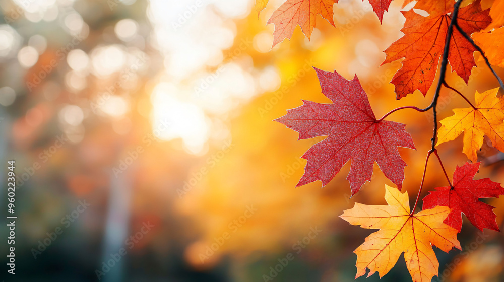 Vibrant autumn leaves in shades of red and orange, illuminated by golden hour light, create warm and inviting atmosphere.