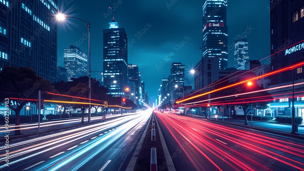 Fototapeta premium Modern City Intersection with Dynamic Light Trails at Night