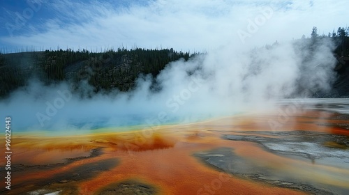 A colorful hot spring in Yellowstone National Park with steam rising into the air.