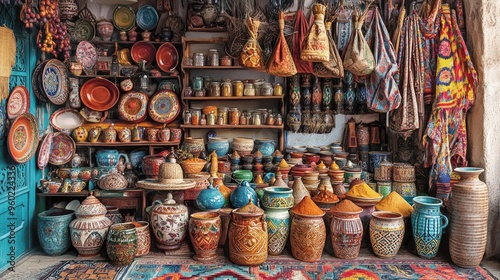 A colorful market stall in Morocco, filled with traditional spices, rugs, and ceramics.