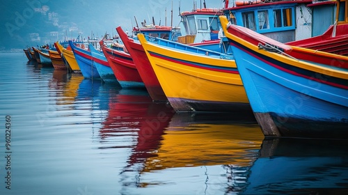 Wallpaper Mural A colorful row of traditional fishing boats anchored in a calm harbor. Torontodigital.ca