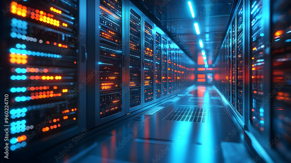 A high-tech server room with glowing lights and data storage racks.