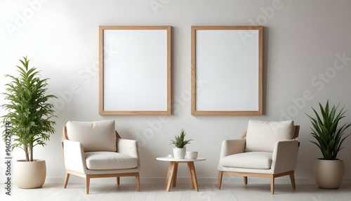 Two wooden framed blank canvases hanging on a white wall above two beige armchairs and a small wooden table.