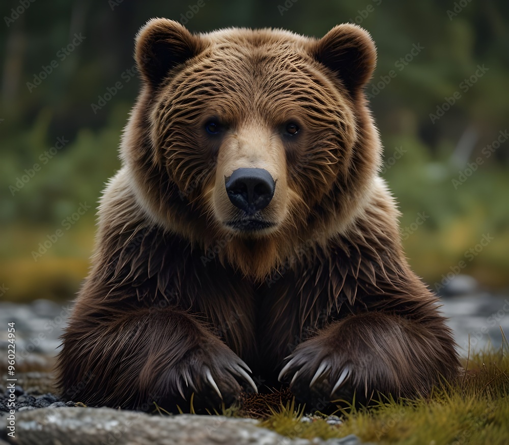Obraz premium Brown bear laying down and raising his paw in Alaska ai generate