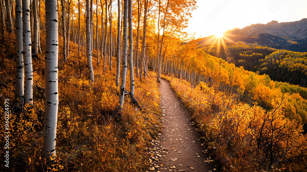 Obraz premium A narrow trail winds through forest of golden aspen trees, illuminated by warm glow of setting sun. scene evokes sense of tranquility and natural beauty.