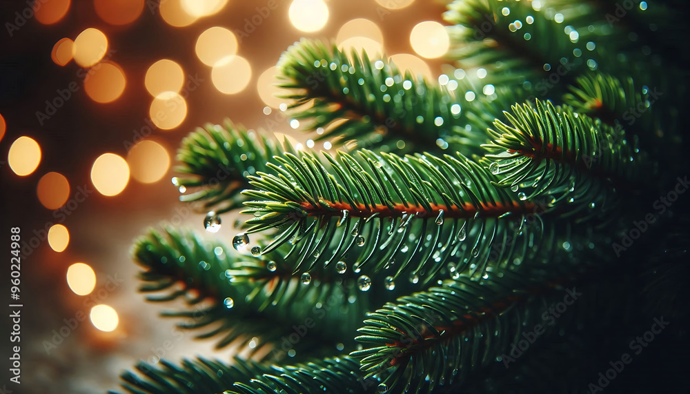 A pine tree branch with droplets of water showcasing vibrant green needles. The background features soft blurred bokeh lights in warm tones a festive atmosphere A pine tree branch with droplets of water showcasing vibrant green needles. The background features soft blurred bokeh lights in warm tones a festive atmosphere