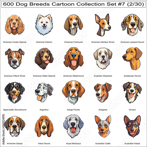 Cute Dog Breeds Cartoon Characters Sticker Bundle Collection Set 7 of 600 Dog Faces Isolated Part 2 photo