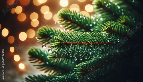 A pine tree branch with droplets of water showcasing vibrant green needles. The background features soft blurred bokeh lights in warm tones a festive atmosphere