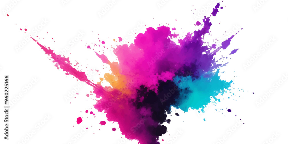 Obraz premium Bright colorful watercolor splash splatter stain brush strokes on white background. Modern vibrant aquarelle spot. Rainbow trendy isolated design on white. Element. Vector watercolor illustration 