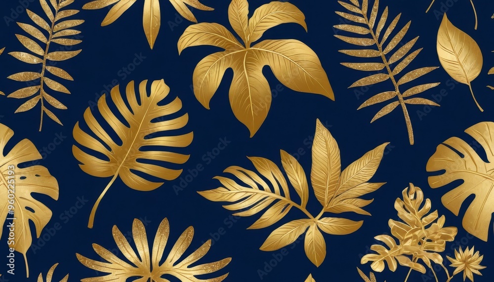 Seamless pattern of gold tropical leaves on a dark blue background. Seamless pattern of gold tropical leaves on a dark blue background.