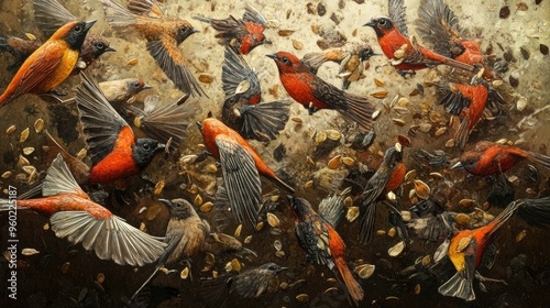 A flock of Galapagos finches feeding on seeds, showcasing their adaptability and variety. photo