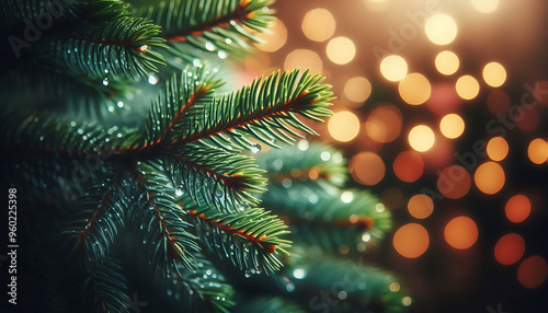 A pine tree branch with droplets of water showcasing vibrant green needles. The background features soft blurred bokeh lights in warm tones a festive atmosphere