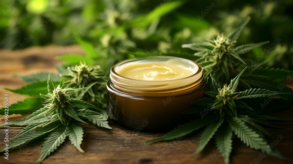 A jar of cream surrounded by cannabis leaves and flowers. A jar of cream surrounded by cannabis leaves and flowers.