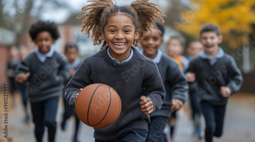 Happy Agro American Schoolgirl dressed in Grey School Uniform with Ball in her hands running with her Multi Racial Classmates to play Basketball in Schoolyard. Physical Education. Selective Focus