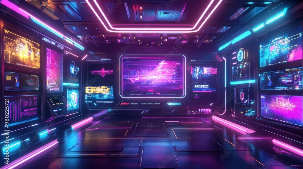 Neon-themed interface for a live conference featuring esports players, with a sleek HUD frame, streaming media overlays, and a vibrant, futuristic design for video screens and webcam boxes Neon-themed interface for a live conference featuring esports players, with a sleek HUD frame, streaming media overlays, and a vibrant, futuristic design for video screens and webcam boxes