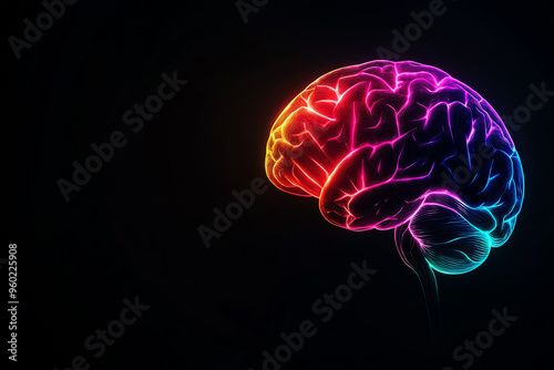 Colorful neon brain illustration on a dark background, symbolizing creativity, intelligence, and mental clarity.