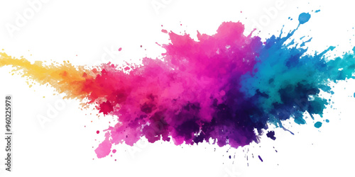 Bright colorful watercolor splash splatter stain brush strokes on white background. Modern vibrant aquarelle spot. Rainbow trendy isolated design on white. Element. Vector watercolor illustration	