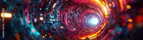 A vibrant abstract tunnel of swirling lights and colors, evoking a sense of motion and depth in a futuristic space.