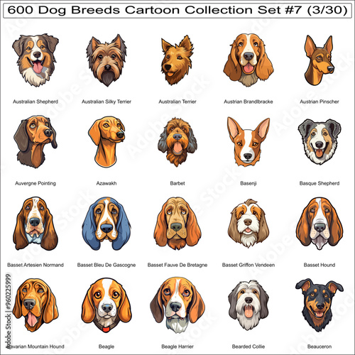 Cute Dog Breeds Cartoon Characters Sticker Bundle Collection Set 7 of 600 Dog Faces Isolated Part 3