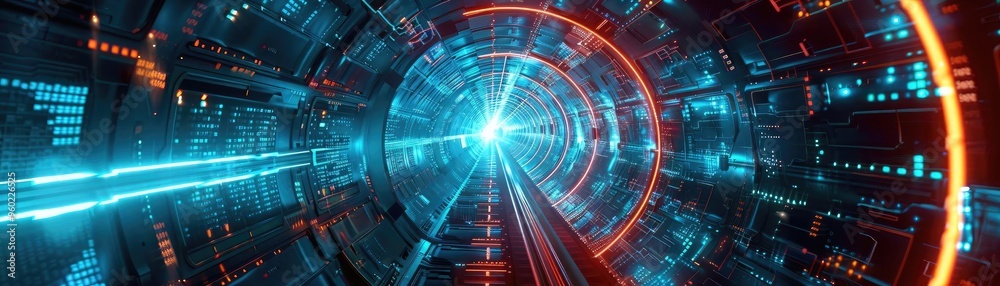 A vibrant tunnel of light showcasing futuristic technology and dynamic patterns, perfect for sci-fi and digital art themes. A vibrant tunnel of light showcasing futuristic technology and dynamic patterns, perfect for sci-fi and digital art themes.