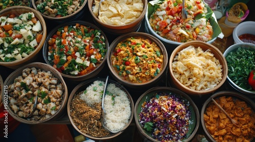 Assortment of Colorful Dishes in Wooden Bowls