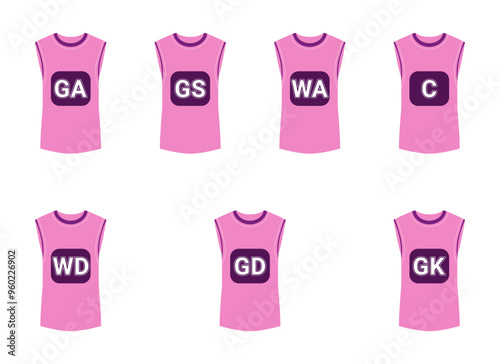 Set of pink netball bibs, shirts showing player positions