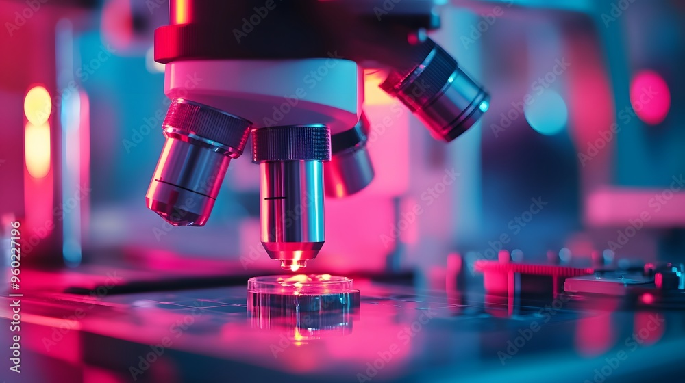 Closeup of a Microscope Lens in a Laboratory. Closeup of a Microscope Lens in a Laboratory.
