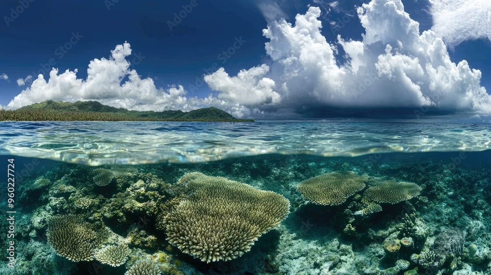 A panoramic view of a coral reef just off the coast of the Mamanuca Islands. A panoramic view of a coral reef just off the coast of the Mamanuca Islands.