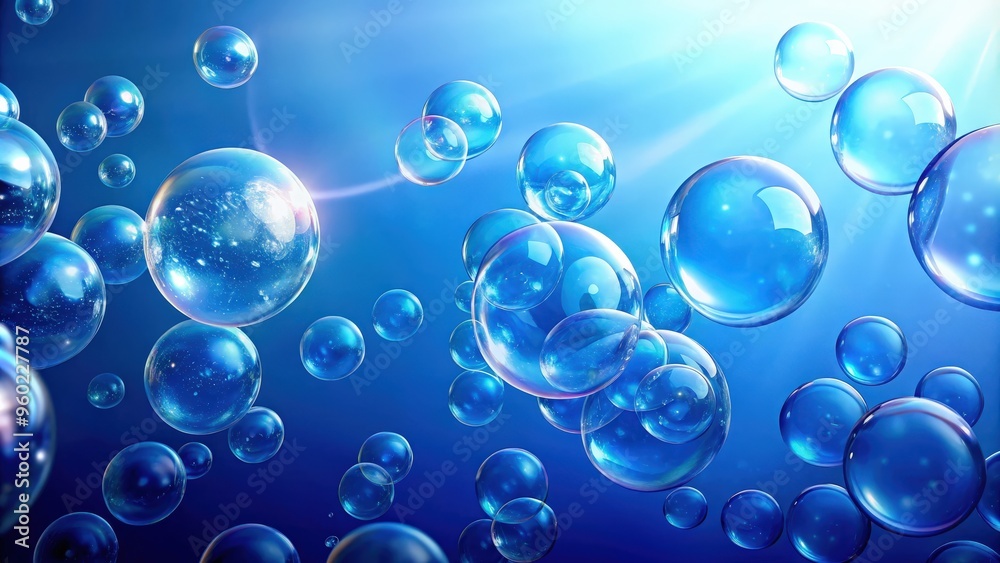 Blue background with soap bubbles floating in the air Blue background with soap bubbles floating in the air