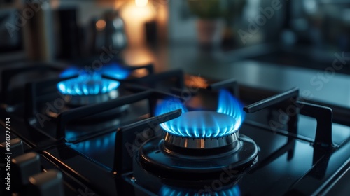 Modern kitchen stove, natural gas burns with blue flame. Gas consumption in everyday life. Close-up, selective focus, high-quality photo.