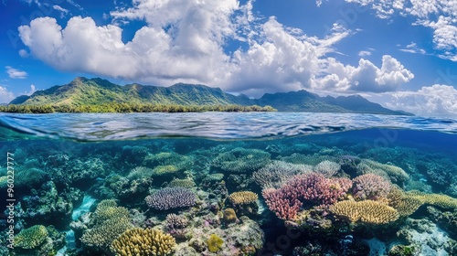 A panoramic view of a coral reef just off the coast of the Mamanuca Islands.