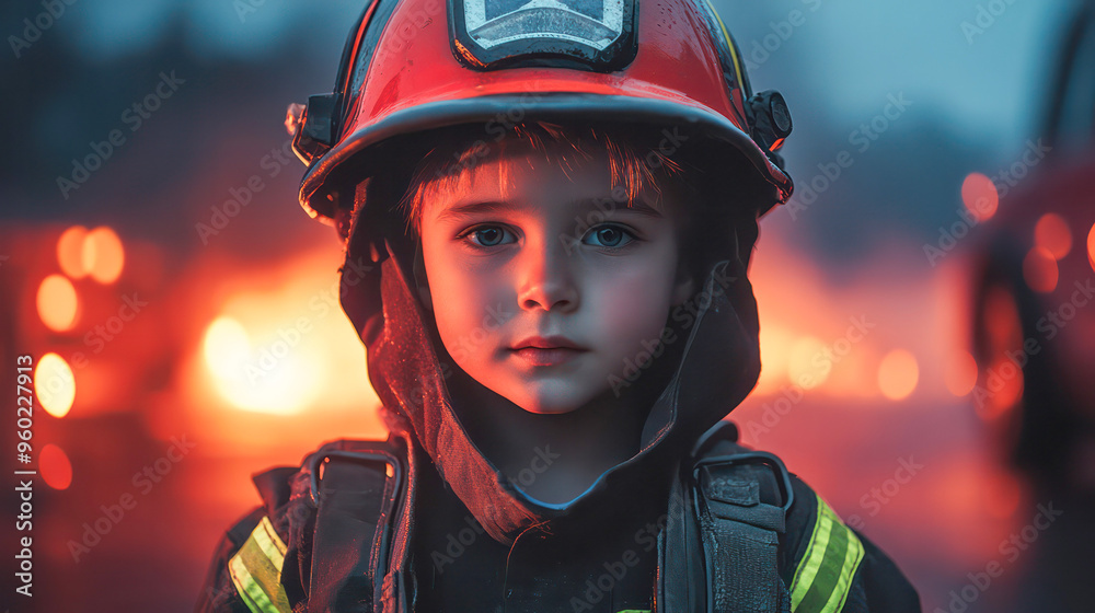 a kid waering a firefighter suit, with basic background. Generative AI a kid waering a firefighter suit, with basic background. Generative AI