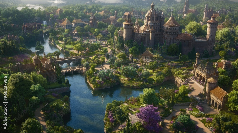 Fototapeta premium A panoramic view of a historic castle surrounded by lush gardens and a moat.