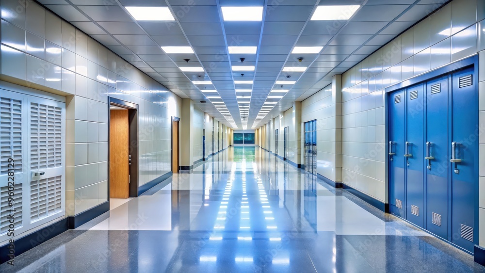 Obraz premium Long corridor in school building with modern furniture and bright lighting