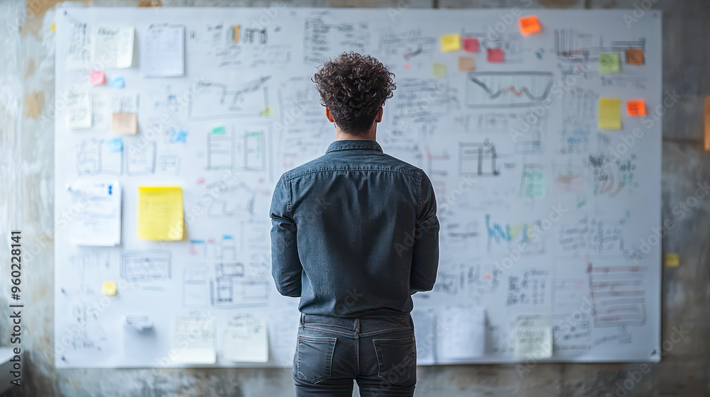 Fototapeta premium business owner standing in front of a whiteboard filled with creative diagrams and notes. Generative AI