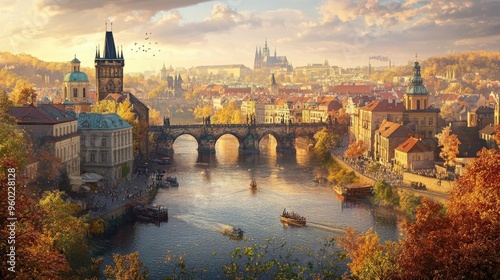 A panoramic view of a historic European city with a river, bridges, and old architecture.