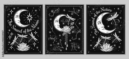 Magic posters, cards with moon, zodiacal constellations, flying dragonfly, magic Lotus. All seeing eye on black background. Astrology, alchemy, boho, mystery concept.