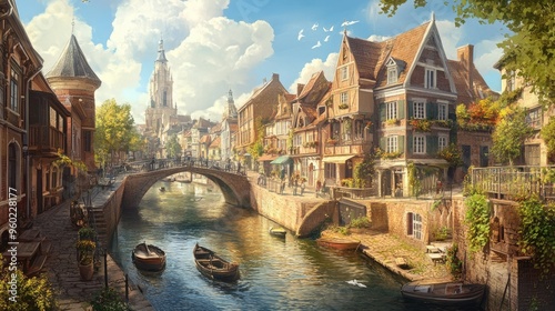 A panoramic view of a historic European city with a river, bridges, and old architecture.