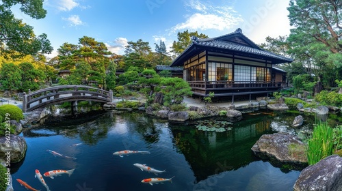 A panoramic view of a traditional Japanese tea garden with a stone bridge and koi pond.