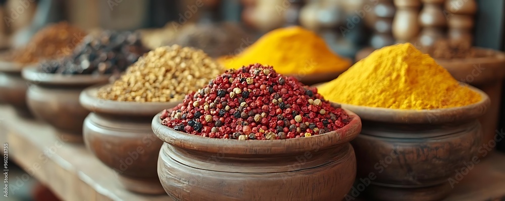 Photo of Colorful Spices in Wooden Bowls at a Market Photo of Colorful Spices in Wooden Bowls at a Market