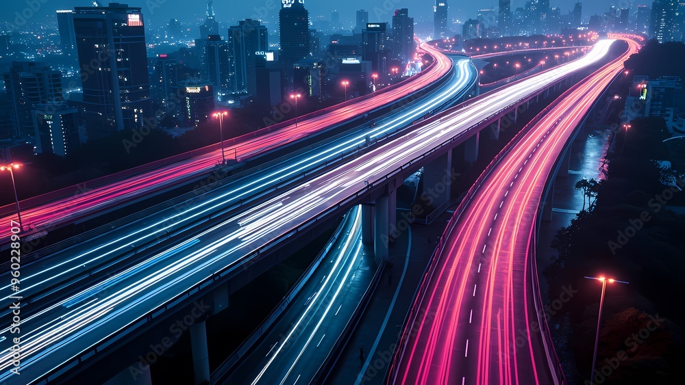 Obraz premium Sprawling Urban Highway System with Abstract Neon Light Trails