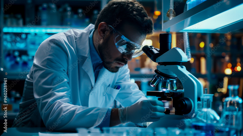 A medical scientist in lab coat is intently examining samples under microscope, showcasing dedication and focus in laboratory setting. A medical scientist in lab coat is intently examining samples under microscope, showcasing dedication and focus in laboratory setting.