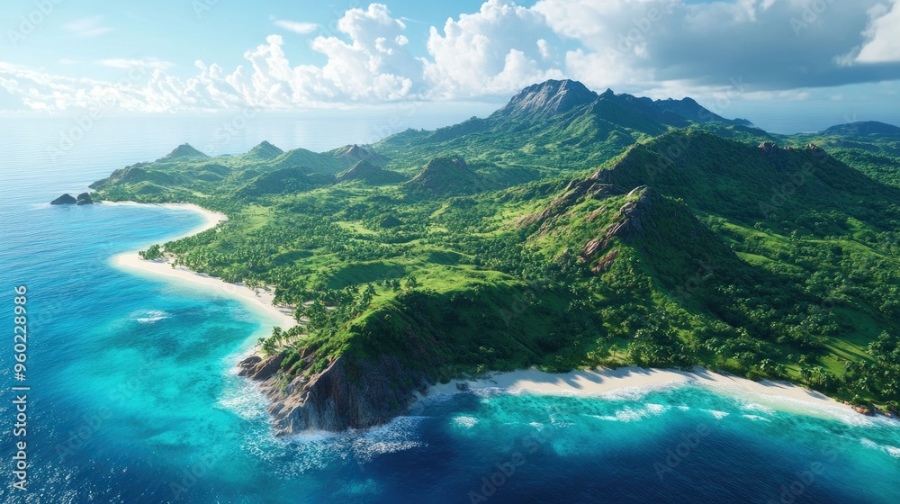 Fototapeta premium A panoramic view of a tropical island with lush green hills, sandy beaches, and turquoise waters.