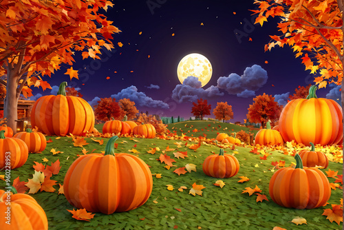 Fantasy autumn pumpkins night full moon grass field world. Decorate with maple tree, pumpkin, leaves. 3d polygon Generative ai. photo