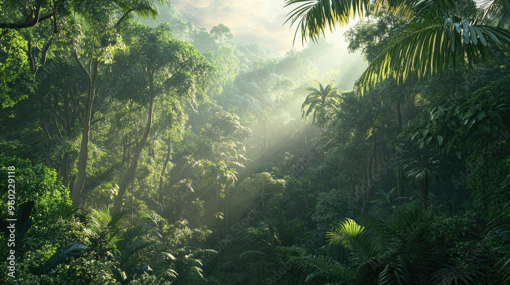 A panoramic view of a tropical jungle with towering trees and dense foliage.
