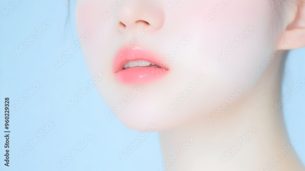 Naklejka premium Captivating Close-up of Delicate Female Facial Features with Serene Skin and Makeup